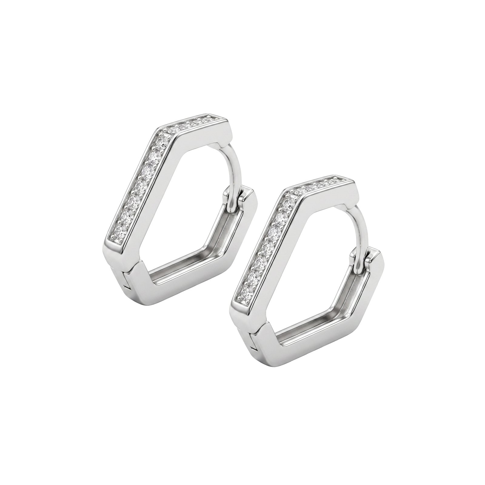 Geometric pavé silver hoop earrings on a white background